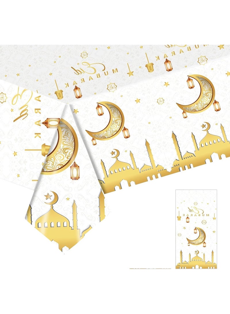 Ramadan Plastic Disposable TableCloth,White and Gold Mosque Moon Star Lamp Tablecloths for Ramadan Party Supplies 54×108Inches - Image 2